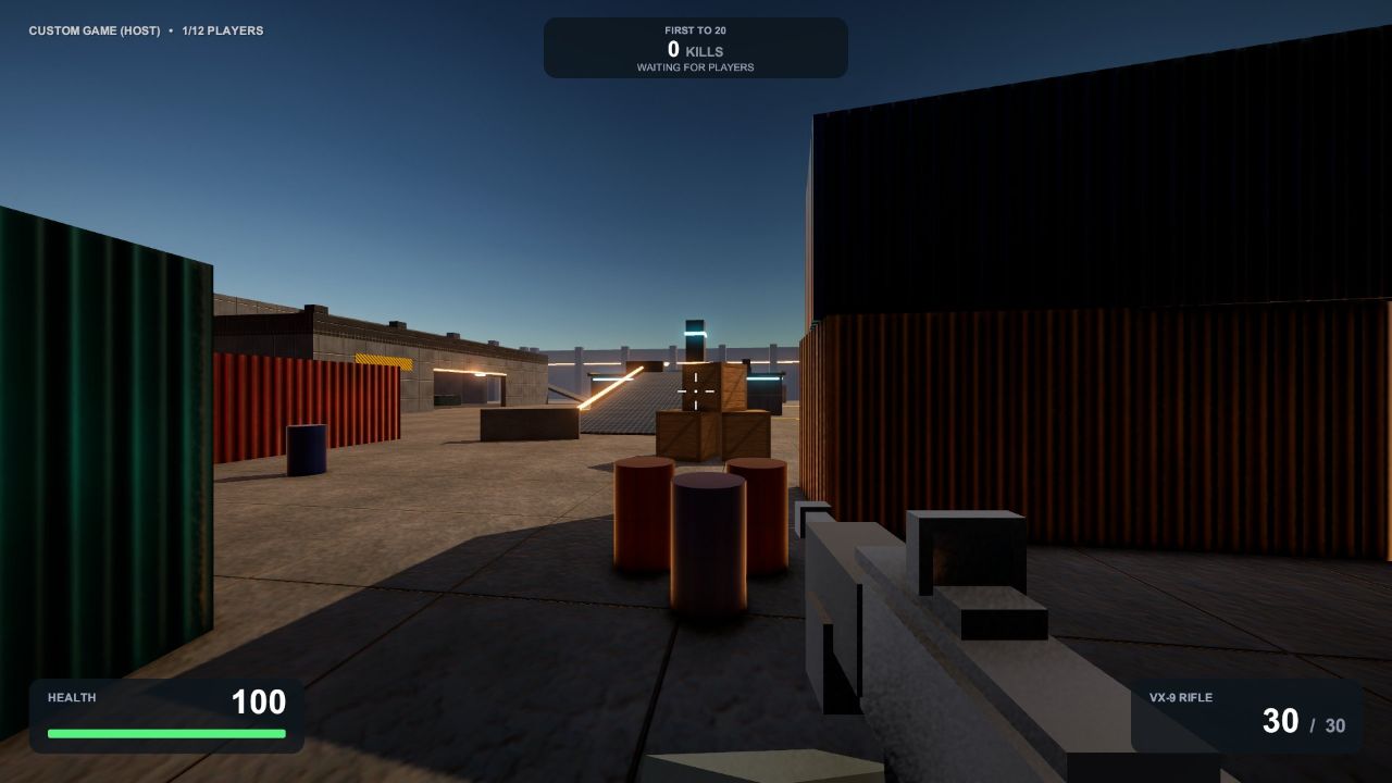 In-game view in the container yard with the rifle and HUD